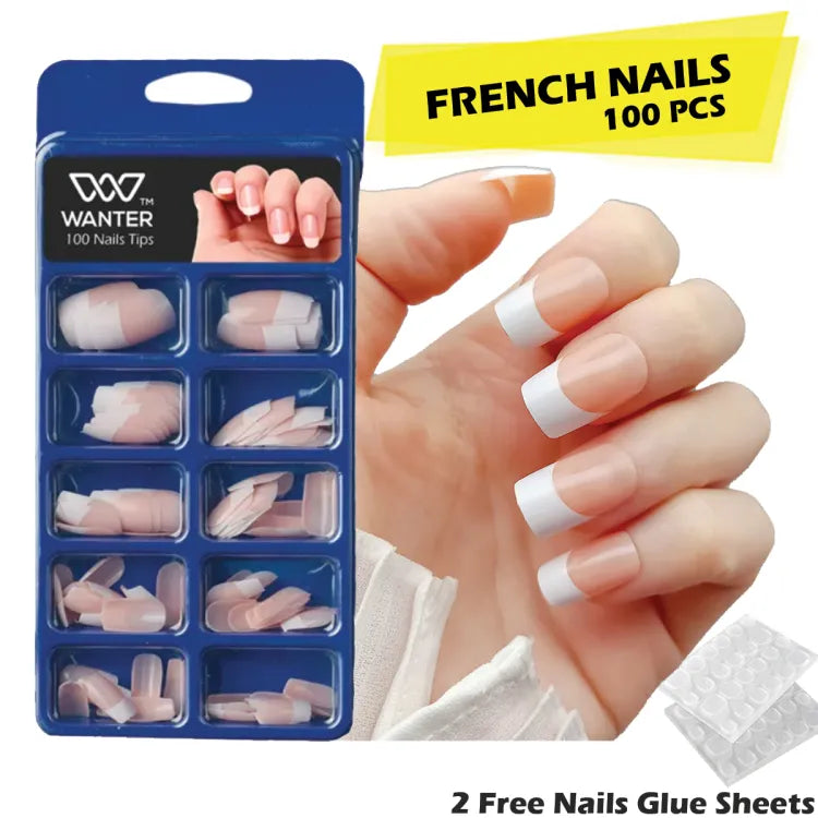 WANTER - 100pcs French Nails For Girls, With 2 Nails Glue Sheet Stickers, Artificial Nails, Nails For Girls Beautiful Fake Nails Fancy Nails With Nail Glue, Nails Acrylic Nails Kit 100pcs Set False Nails