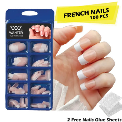 WANTER - 100pcs French Nails For Girls, With 2 Nails Glue Sheet Stickers, Artificial Nails, Nails For Girls Beautiful Fake Nails Fancy Nails With Nail Glue, Nails Acrylic Nails Kit 100pcs Set False Nails