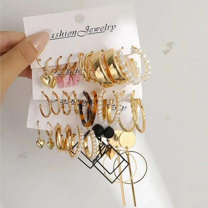 15Pcs Set Of Lady Earrings Geometric Acrylic Pink Butterfly Square Fake-pearl Leopard Print Gold-color Earrings