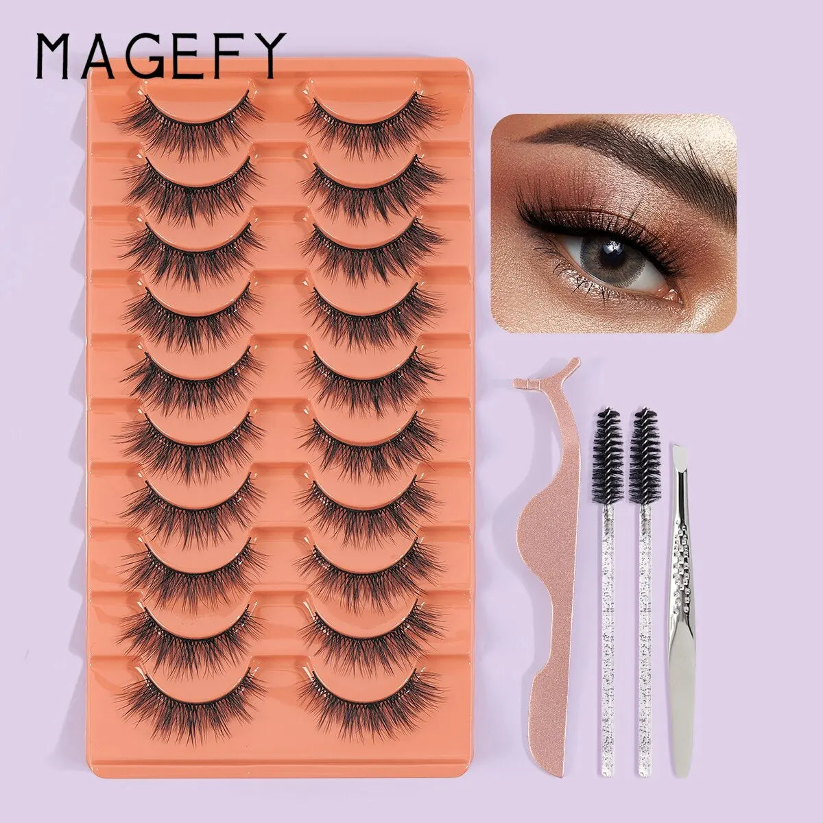 MAGEFY 14 Pieces Eyelashes Tool Kit 10 Pair Eyelashes 2Pcs Disposal Brush 2Pcs Professional Tweezers For Beauty Makeup Tool Set