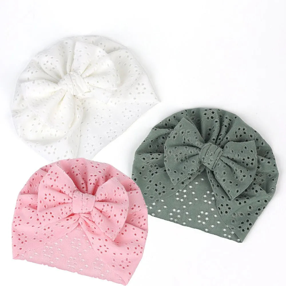 3 Pcs Headdress Fetal Cap White Green Pink Children Baby Solid Color Breathable Hollow Out Porous Bow Fetal Cap