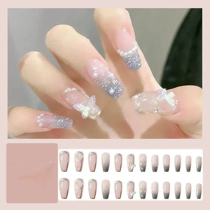 24Pcs Press on Nails Long with Designs Pink Rhinestones False Fake Nails Press On Coffin Artificial Nails for Women Stick on