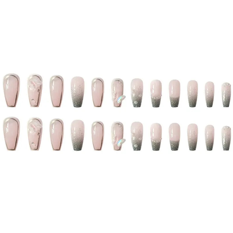 24Pcs Press on Nails Long with Designs Pink Rhinestones False Fake Nails Press On Coffin Artificial Nails for Women Stick on