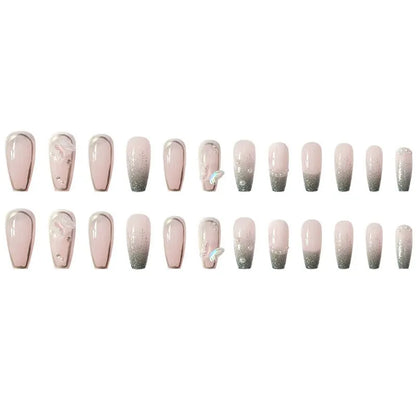 24Pcs Press on Nails Long with Designs Pink Rhinestones False Fake Nails Press On Coffin Artificial Nails for Women Stick on