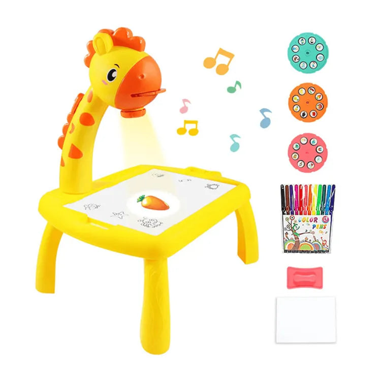 Cartoon giraffe projection lamp painting table pink yellow mixed children's early education writing graffiti study table