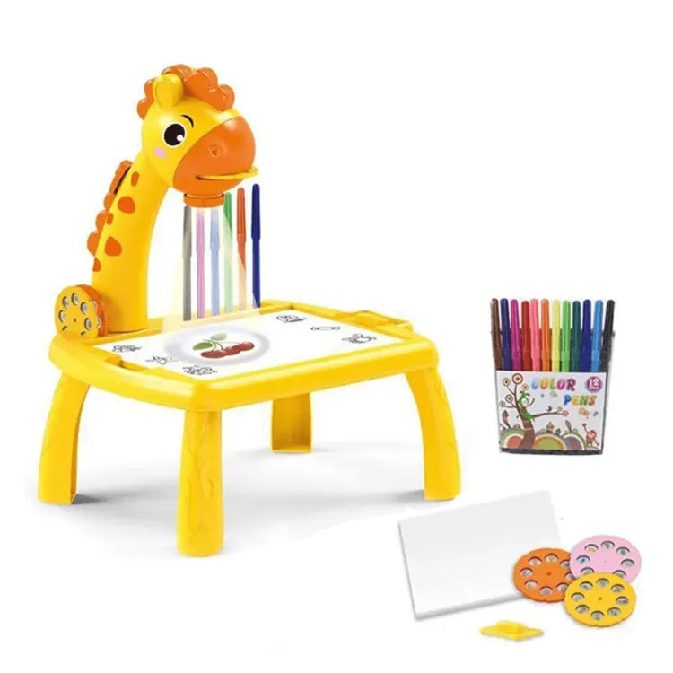 Cartoon giraffe projection lamp painting table pink yellow mixed children's early education writing graffiti study table