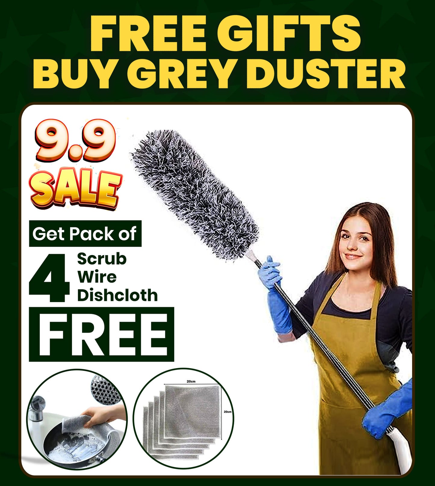 Buy Cleaning Feather Grey Duster 10 Feet Long & Get 4 FREE Gifts Scratch Wire Dishcloths (Imported Quality)