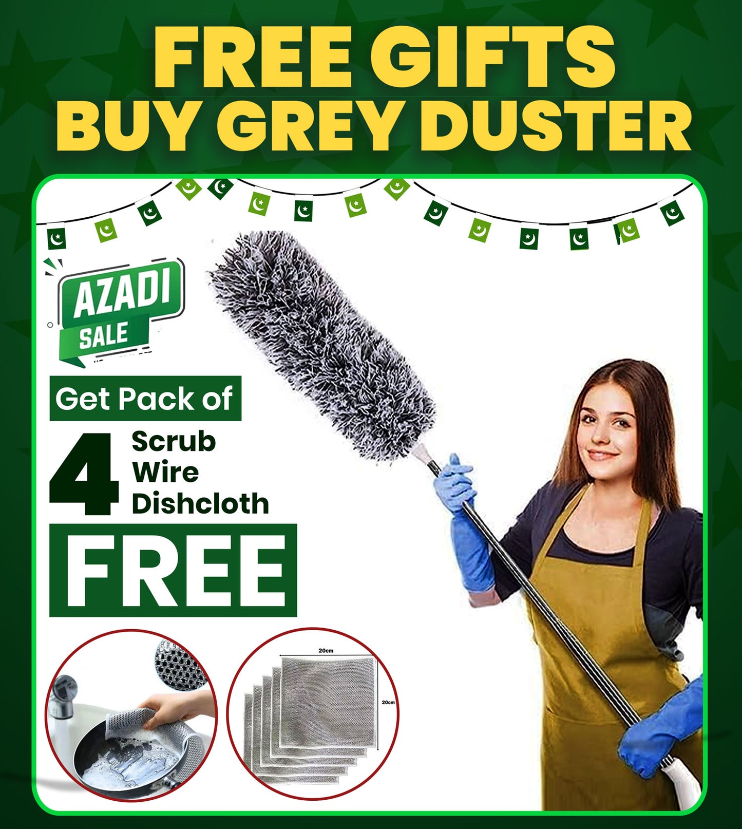 Buy Cleaning Feather Grey Duster 10 Feet Long & Get 4 FREE Gifts Scratch Wire Dishcloths (Imported Quality)