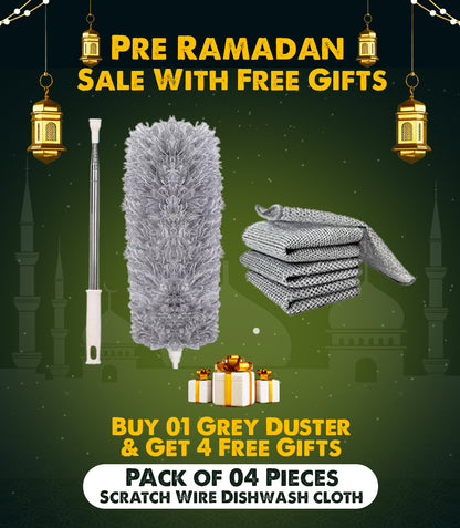 Buy Cleaning Feather Grey Duster 10 Feet Long & Get 4 FREE Gifts Scratch Wire Dishwash cloths (Imported Quality)